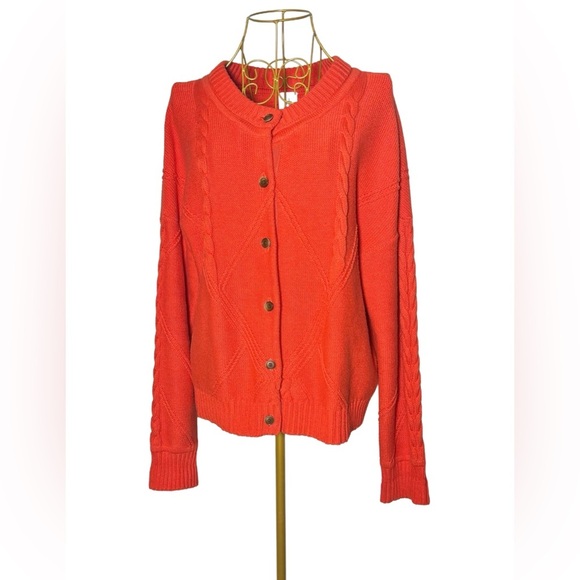 Cabi Orange Cable Knit Button Front Cardigan Sweater w/ Colorful Placket, Large - Picture 4 of 16